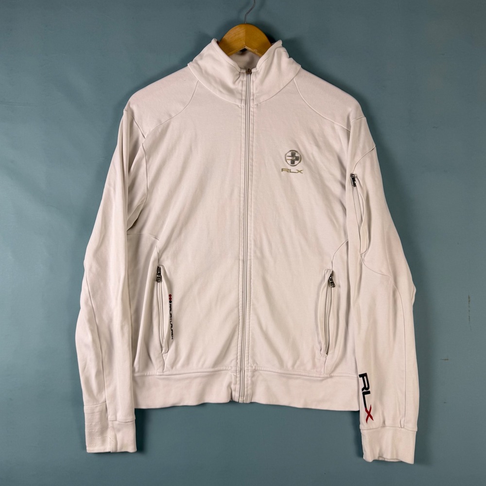 Vintage Y2K RLX Ralph Lauren Men's M White Full Zip Track Jacket Logo Mock Neck